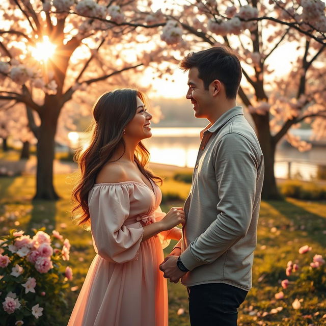 A beautiful and romantic scene depicting love, featuring a lovely couple sharing a tender moment in a serene park filled with blooming flowers and gentle sunlight filtering through the leaves