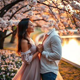 A beautiful and romantic scene depicting love, featuring a lovely couple sharing a tender moment in a serene park filled with blooming flowers and gentle sunlight filtering through the leaves