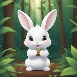 A vibrant, cartoon-style image of a petite, white bunny holding a seed delicately in its paws, in the middle of a lush forest.