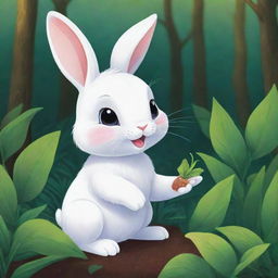 A vibrant, cartoon-style image of a petite, white bunny holding a seed delicately in its paws, in the middle of a lush forest.