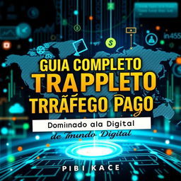 A detailed and visually striking ebook cover titled 'Guia Completo de Tráfego Pago: Dominando o Mundo Digital'