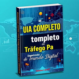 A detailed and visually striking ebook cover titled 'Guia Completo de Tráfego Pago: Dominando o Mundo Digital'