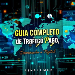 A detailed and visually striking ebook cover titled 'Guia Completo de Tráfego Pago: Dominando o Mundo Digital'