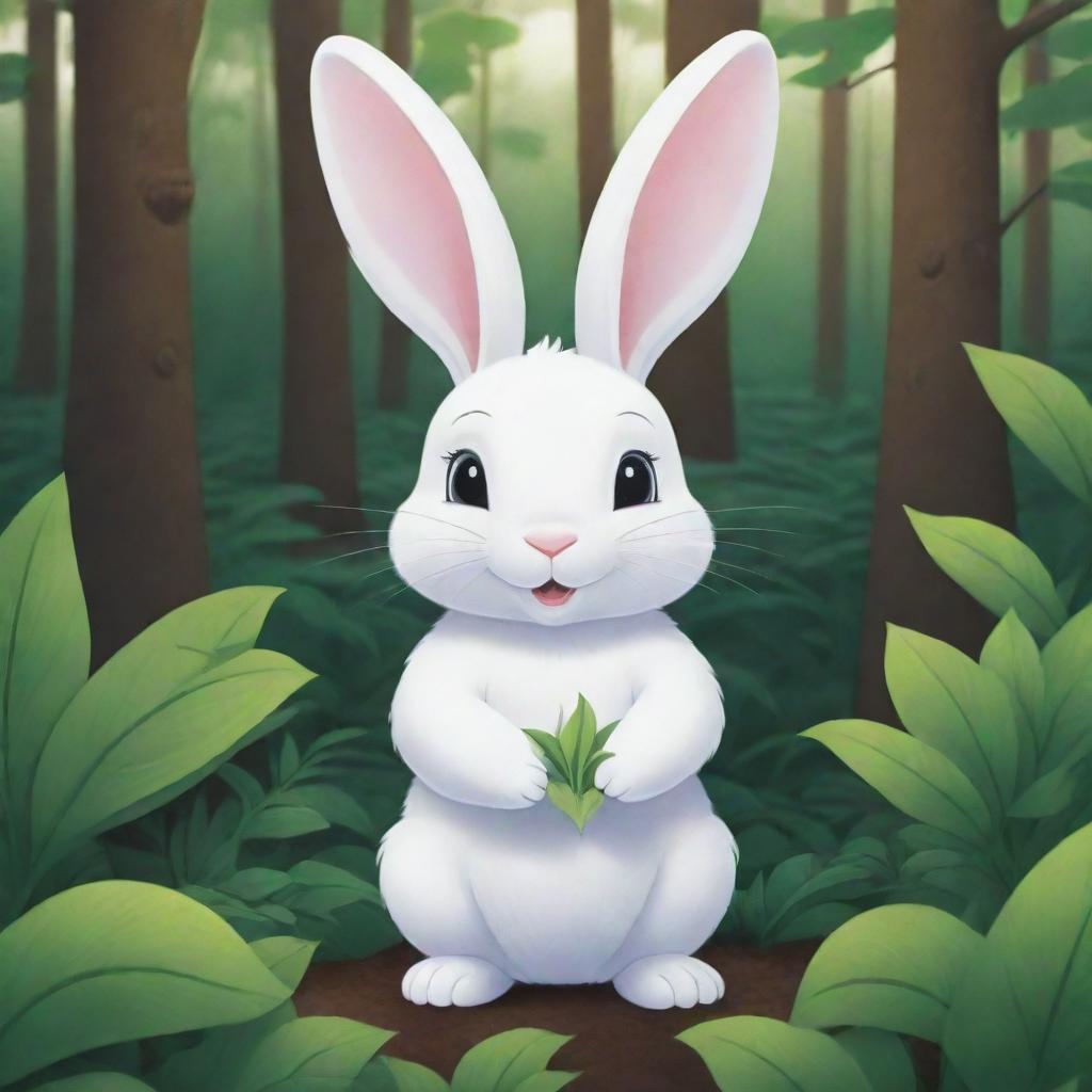 A vibrant, cartoon-style image of a petite, white bunny holding a seed delicately in its paws, in the middle of a lush forest.