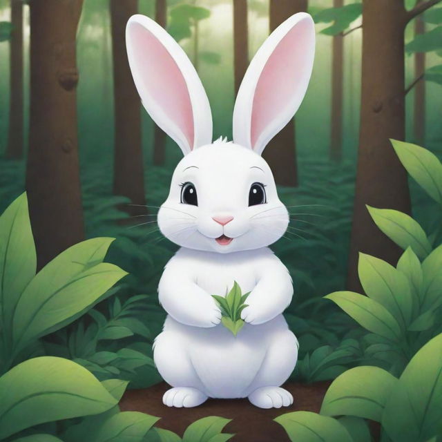 A vibrant, cartoon-style image of a petite, white bunny holding a seed delicately in its paws, in the middle of a lush forest.
