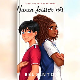 A captivating book cover titled "Nunca foi sobre nós" written by "Bel Santos", featuring an illustration of a couple standing back to back