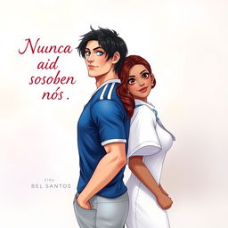 A captivating book cover titled "Nunca foi sobre nós" written by "Bel Santos", featuring an illustration of a couple standing back to back