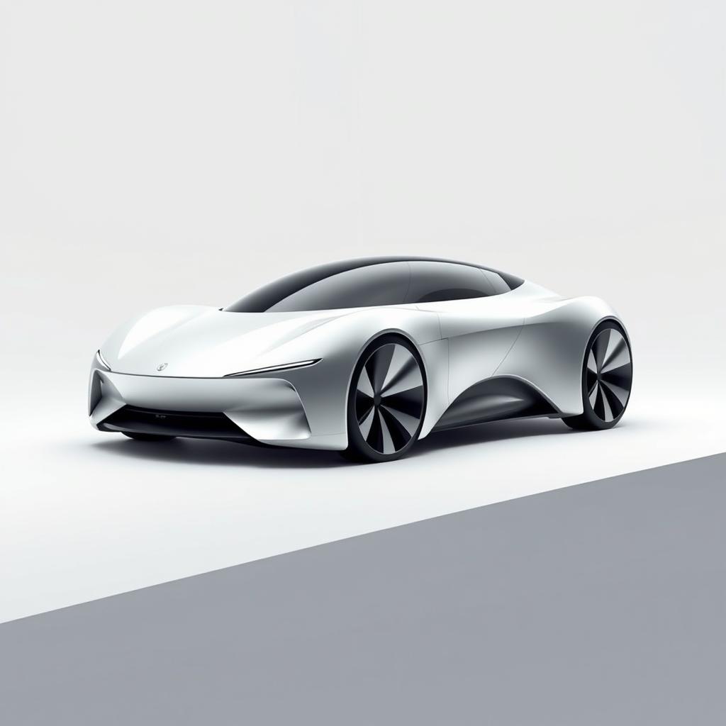 A luxurious futuristic car design that embodies minimalism, featuring a sleek, streamlined silhouette with smooth curves and innovative contours