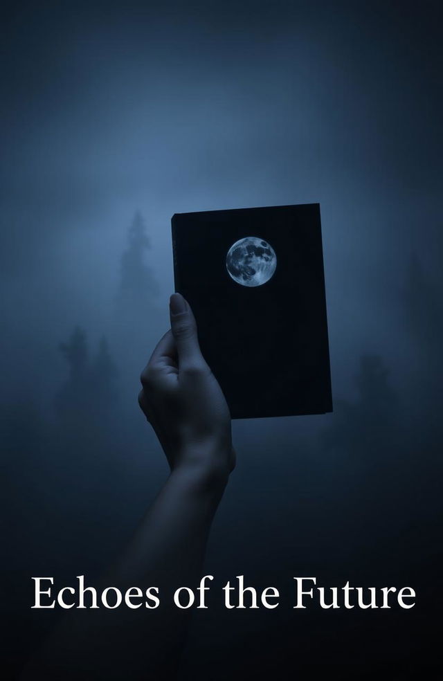 A single pale, elegant hand in cool, dark tones holding the book 'Midnight Sun', slightly open, with the book's cover depicting a silver full moon in a dark sky, surrounded by a faint glow