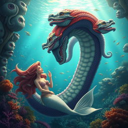 A giant hydra enjoying a serene moment with a mermaid, showcasing intricate details of the hydra's multiple heads, each with unique expressions and vibrant scales