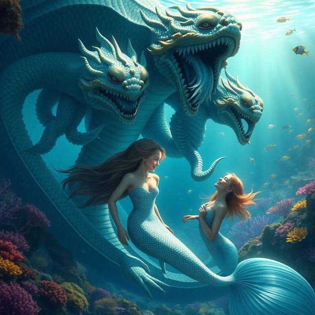 A giant hydra enjoying a serene moment with a mermaid, showcasing intricate details of the hydra's multiple heads, each with unique expressions and vibrant scales