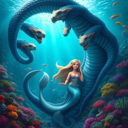 A giant hydra enjoying a serene moment with a mermaid, showcasing intricate details of the hydra's multiple heads, each with unique expressions and vibrant scales