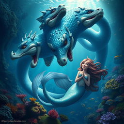 A giant hydra enjoying a serene moment with a mermaid, showcasing intricate details of the hydra's multiple heads, each with unique expressions and vibrant scales