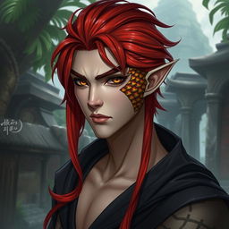 A male yuan-ti pureblood character with striking red hair, featuring vibrant scales on his right cheek