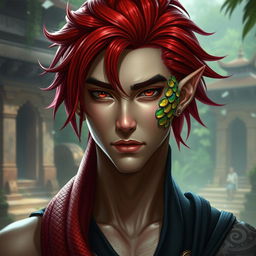 A male yuan-ti pureblood character with striking red hair, featuring vibrant scales on his right cheek