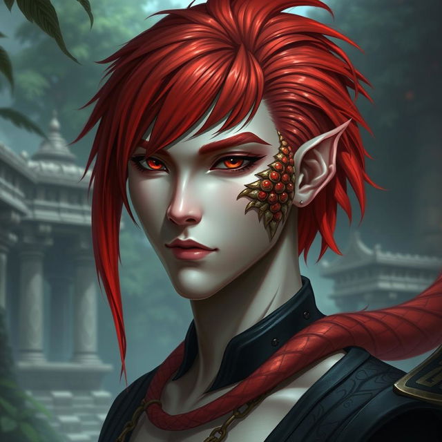 A male yuan-ti pureblood character with striking red hair, featuring vibrant scales on his right cheek