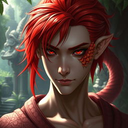 A male yuan-ti pureblood character with striking red hair, featuring vibrant scales on his right cheek