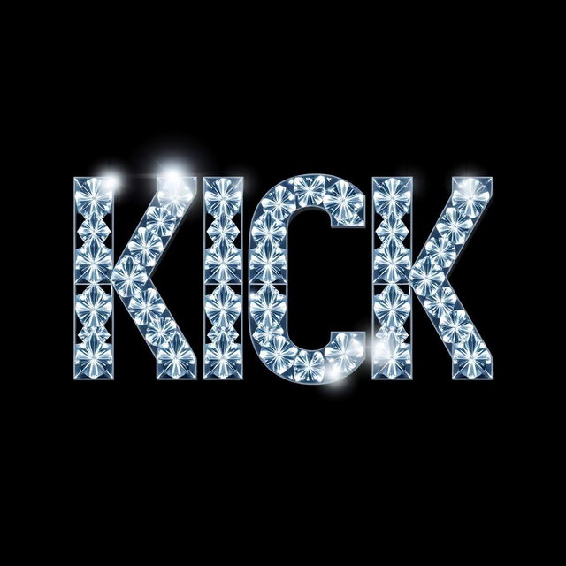 The word 'KICK' designed in a 2D style, with each letter made up of sparkling diamonds, reflecting light against a solid black background