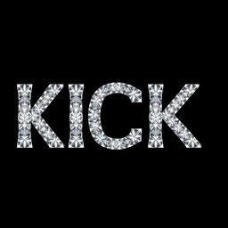 The word 'KICK' designed in a 2D style, with each letter made up of sparkling diamonds, reflecting light against a solid black background