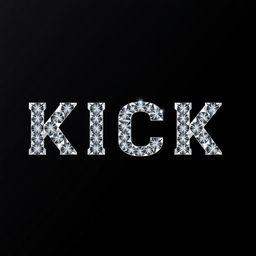 The word 'KICK' designed in a 2D style, with each letter made up of sparkling diamonds, reflecting light against a solid black background