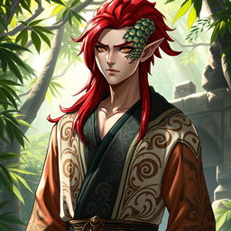 A male Yuan-Ti pureblood character with vibrant red hair and distinct scales on his right cheek, showcasing a serpent-like appearance