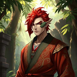 A male Yuan-Ti pureblood character with vibrant red hair and distinct scales on his right cheek, showcasing a serpent-like appearance