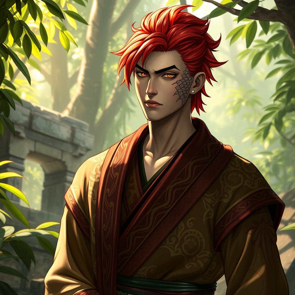 A male Yuan-Ti pureblood character with vibrant red hair and distinct scales on his right cheek, showcasing a serpent-like appearance