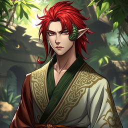 A male Yuan-Ti pureblood character with vibrant red hair and distinct scales on his right cheek, showcasing a serpent-like appearance