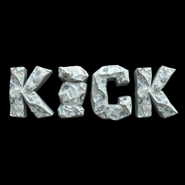 The word 'KICK' designed in a 2D style, with each letter crafted from rough, uncut diamonds, showcasing their raw, natural textures and facets against a solid black background