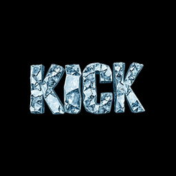 The word 'KICK' designed in a 2D style, with each letter crafted from rough, uncut diamonds, showcasing their raw, natural textures and facets against a solid black background