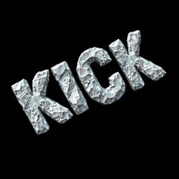 The word 'KICK' designed in a 2D style, with each letter crafted from rough, uncut diamonds, showcasing their raw, natural textures and facets against a solid black background