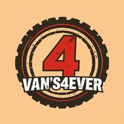 A captivating logo design for 'VAN'S4EVER' showcasing the number '4' prominently placed within a rugged, bold circle, reflecting the spirit of rally raid