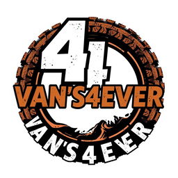 A dynamic logo design for 'VAN'S4EVER' that incorporates the number '4' prominently within a rugged, textured circle, embodying the essence of rally raid