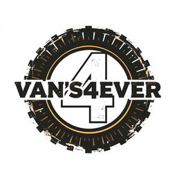 A dynamic logo design for 'VAN'S4EVER' that incorporates the number '4' prominently within a rugged, textured circle, embodying the essence of rally raid