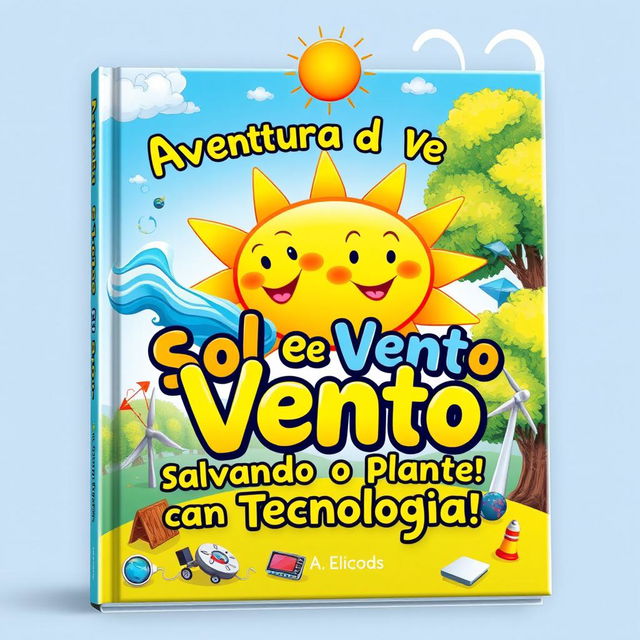 An enchanting book cover design for a children's story titled "Aventura de Sol e Vento: Salvando o Planeta com Tecnologia!"