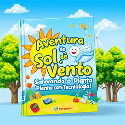 An enchanting book cover design for a children's story titled "Aventura de Sol e Vento: Salvando o Planeta com Tecnologia!"