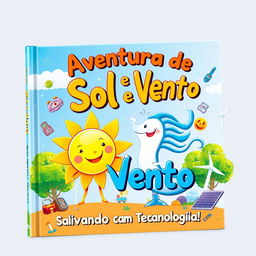 An enchanting book cover design for a children's story titled "Aventura de Sol e Vento: Salvando o Planeta com Tecnologia!"