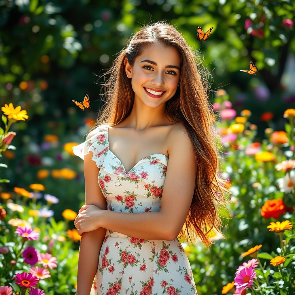 A stunning young woman with long flowing hair wearing a delicate floral dress, standing gracefully in an enchanting garden filled with colorful blooming flowers and lush greenery