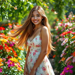 A stunning young woman with long flowing hair wearing a delicate floral dress, standing gracefully in an enchanting garden filled with colorful blooming flowers and lush greenery