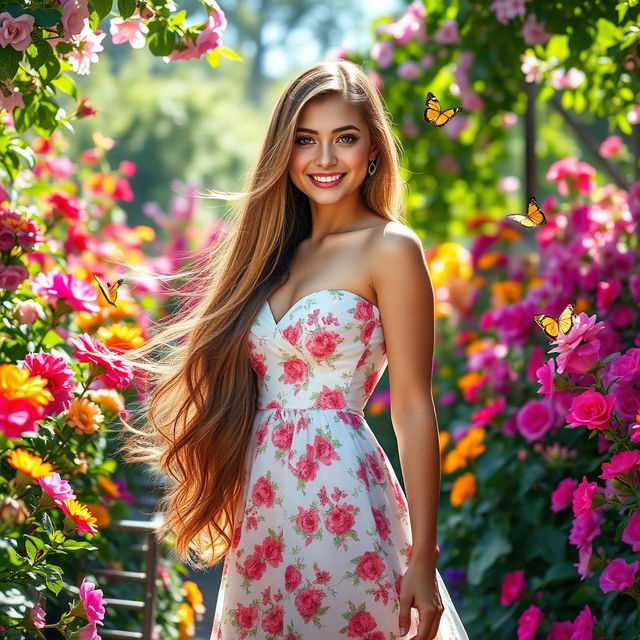 A stunning young woman with long flowing hair wearing a delicate floral dress, standing gracefully in an enchanting garden filled with colorful blooming flowers and lush greenery