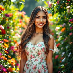 A stunning young woman with long flowing hair wearing a delicate floral dress, standing gracefully in an enchanting garden filled with colorful blooming flowers and lush greenery