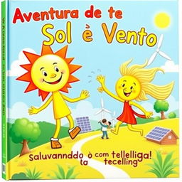 A vibrant and colorful book cover for a children's story titled "Aventura de Sol e Vento: Salvando o Planeta com Tecnologia!" featuring anthropomorphized characters of the sun and wind, depicted as friendly and adventurous beings, working together with children to harness technology to combat climate change