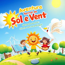 A vibrant and colorful book cover for a children's story titled "Aventura de Sol e Vento: Salvando o Planeta com Tecnologia!" featuring anthropomorphized characters of the sun and wind, depicted as friendly and adventurous beings, working together with children to harness technology to combat climate change