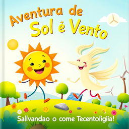 A vibrant and colorful book cover for a children's story titled "Aventura de Sol e Vento: Salvando o Planeta com Tecnologia!" featuring anthropomorphized characters of the sun and wind, depicted as friendly and adventurous beings, working together with children to harness technology to combat climate change