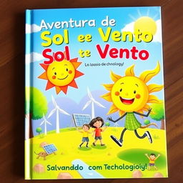 A vibrant and colorful book cover for a children's story titled "Aventura de Sol e Vento: Salvando o Planeta com Tecnologia!" featuring anthropomorphized characters of the sun and wind, depicted as friendly and adventurous beings, working together with children to harness technology to combat climate change