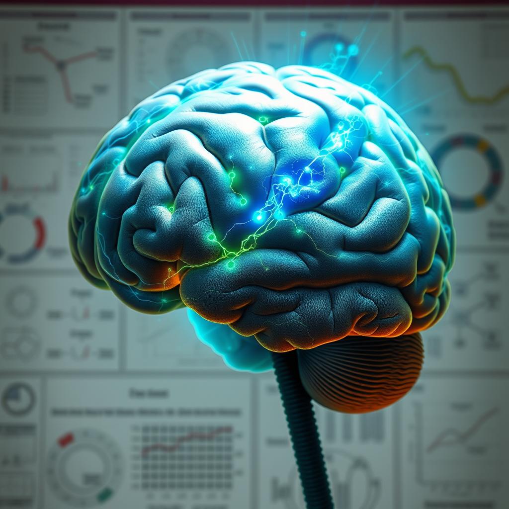 A detailed, stylized close-up of a human brain with emphasis on Broca's area, showcasing vivid neural connections, highlighted in bright colors like blue and green, set against a soft-focus background of scientific charts and diagrams