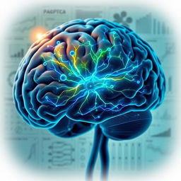 A detailed, stylized close-up of a human brain with emphasis on Broca's area, showcasing vivid neural connections, highlighted in bright colors like blue and green, set against a soft-focus background of scientific charts and diagrams