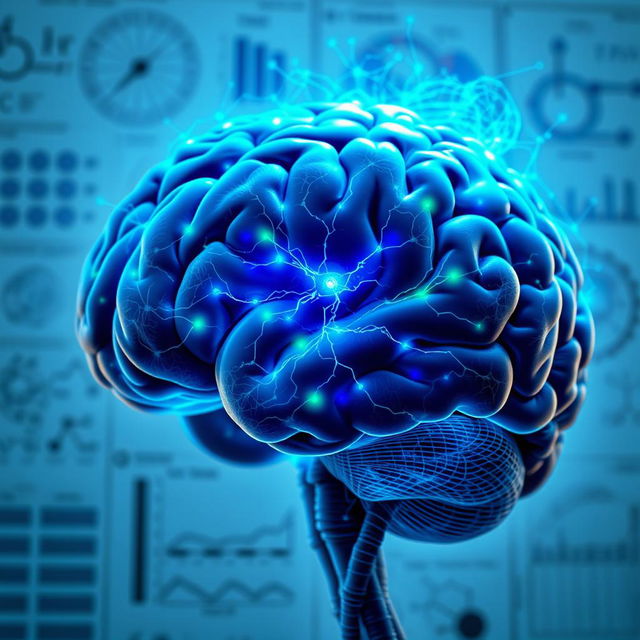 A detailed, stylized close-up of a human brain with emphasis on Broca's area, showcasing vivid neural connections, highlighted in bright colors like blue and green, set against a soft-focus background of scientific charts and diagrams