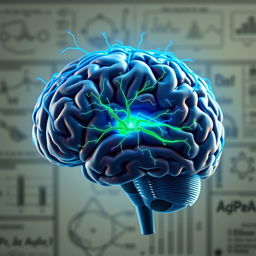 A detailed, stylized close-up of a human brain with emphasis on Broca's area, showcasing vivid neural connections, highlighted in bright colors like blue and green, set against a soft-focus background of scientific charts and diagrams