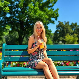 A hot white girl sitting on a green park bench, wearing a stylish summer dress with floral patterns